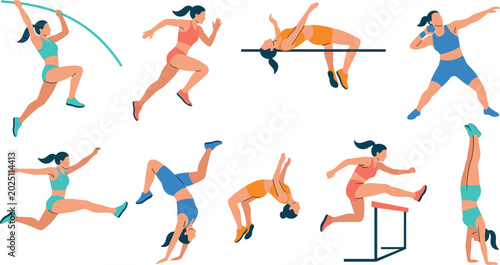 Tableau sur toile Vector Illustration of Female Athletes Performing Various Track and Field Events Including High Jump, Pole Vault, and Hurdles