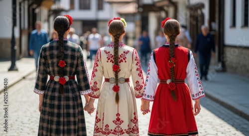 A Rear View Of Three Women Walking Down A Cobblest 88 Gigapixel Standard V2 4x