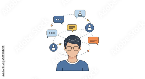 Foto Man surrounded by communication bubbles and social media icons.
