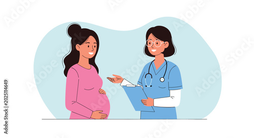 Female doctor in blue scrubs and a stethoscope talking to a pregnant woman during a medical checkup in a clinic.