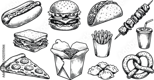 Vintage street food collection featuring burger pizza noodles fries and grilled snack illustrations