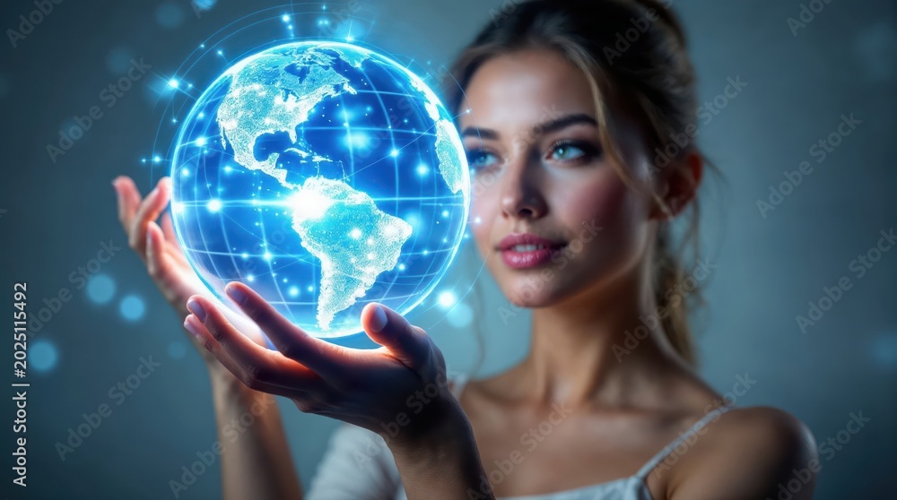 Naklejka premium Global Connectivity: A woman holds a luminous digital globe in her hands, symbolizing global interconnectedness and the power of technology.