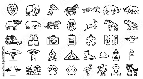 Photography Safari Icons Set: African Animals, Travel Gear and Landscape Elements