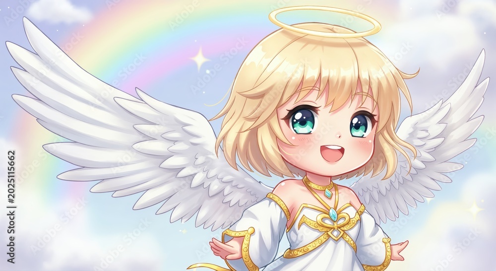 Fototapeta premium A Cute Angelic Child with Halo and Wings: An adorable young angel with blonde hair, a radiant halo, and feathered wings smiles cheerfully against a backdrop of soft clouds and a pastel rainbow.