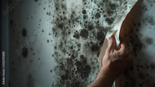 Moldy wallpaper being peeled