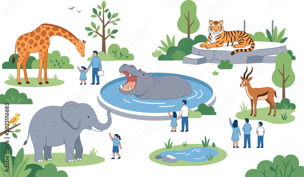 Obraz premium Vector Illustration of Zoo Animals and Visitors Including Giraffe, Elephant, Tiger, Hippo, and Antelope in a Nature Setting.