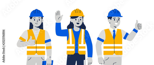 Construction workers in safety vests waving and gesturing thumbs up for industrial teamwork and safety awareness concept