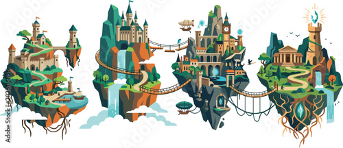 Bild auf Leinwand Floating fantasy island city vector illustration with magical castles sky bridge