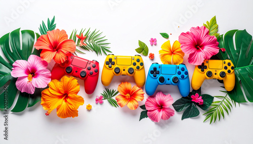 Colorful game controllers and tropical hibiscus flowers arranged on a white background