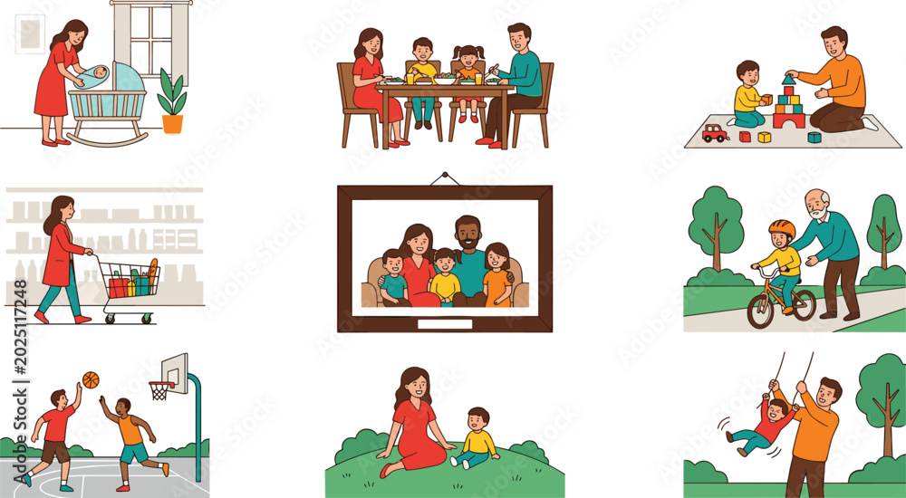Naklejka premium Vector Illustration of Family Life Activities Including Cooking, Shopping, Playing, and Cycling with Children.