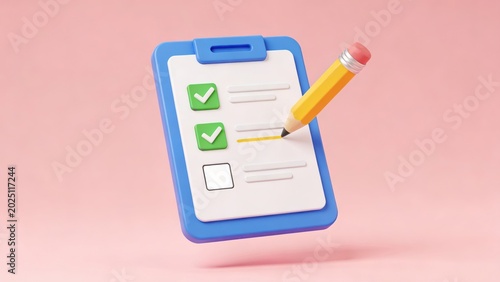 of a blue clipboard with a to-do list, two green checkboxes marked, and a yellow pencil completing the third item.