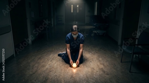 Female Healthcare Worker Kneeling in Dim Hospital Corridor Holding Candle with Warm Light