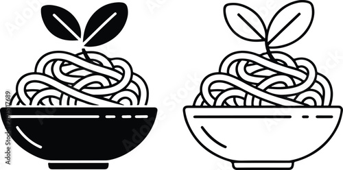 Tableau sur toile Monochrome Graphic Representing Pasta, Ramen, and Plant-Based Cuisine, Noodle Bowl with Garnish Icon Set: Filled and Outlined Variations