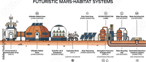 Foto Futuristic Mars habitat systems vector infographic with oxygen recycling farming