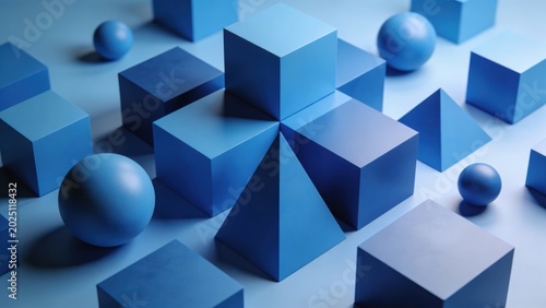 Abstract Geometric Composition of Blue Cubes and Spheres on a Light Blue Background with Soft Lighting