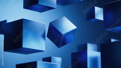 Abstract Blue Cubes Floating and Interacting in a Minimalist Studio Setting,