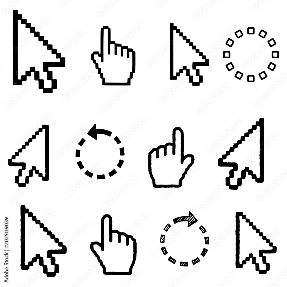 Obraz premium Computer Mouse Cursors and Pointers Silhouette Set - Different Click Arrow, Hand, and Loading Vector Icons