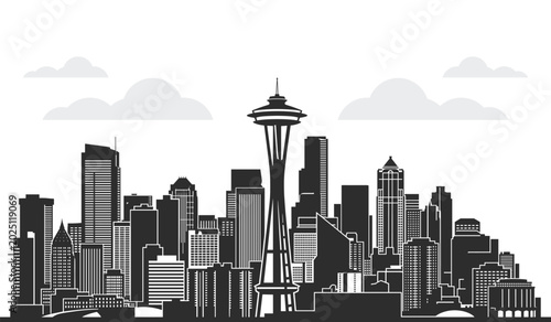 Seattle City Skyline Illustration with Urban Architecture Landmark Symbols for Travel and Graphic Design Projects