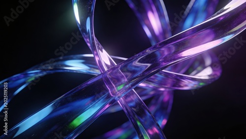 Abstract swirling translucent tubes with vibrant purple, blue, and green light reflections against a dark background, futuristic digital art.