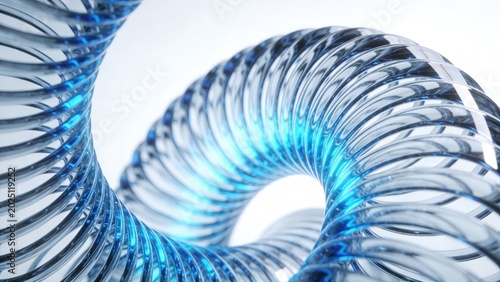 Abstract blue translucent coiled tube with light reflections, futuristic science or technology concept