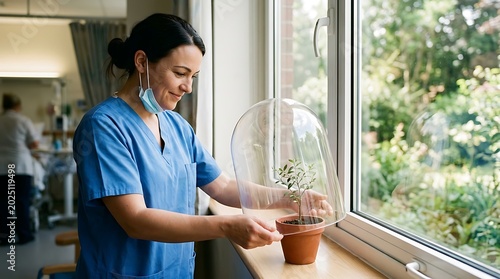 Female Nurse Caring for Plant Under Glass Dome Near Window in Bright Hospital Room