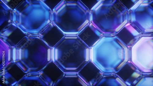 Abstract Close-up of Octagonal Geometric Shapes with Blue and Purple Lighting and Refraction