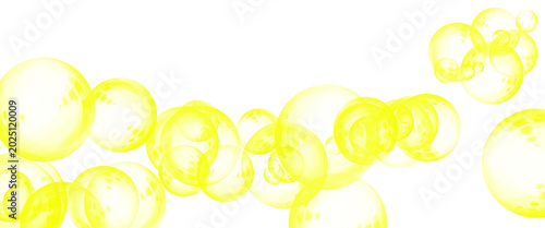 Bilde på lerret Vibrant yellow bubbles on white background, floating golden spheres with transpa