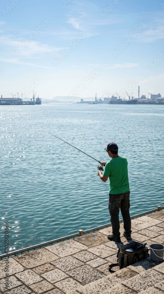 Fototapeta premium Man Fishing from a Pier with Cityscape in the Background.