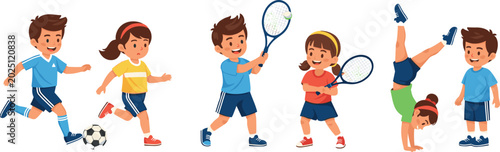 Foto Active kids playing sports vector character set featuring children playing socce