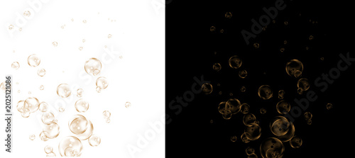Foto Golden champagne bubbles rising on white and black background, sparkling fizzy l