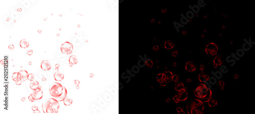 Konstfotografi Red floating bubbles on white and black backgrounds, abstract liquid spheres in