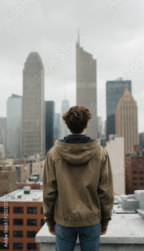 Young man in casual clothing looking out over city skyline on a cloudy day