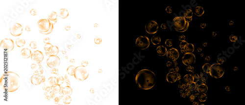Photos Golden champagne bubbles on black and white background, luxury amber liquid drop