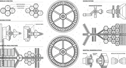 Tableau sur toile Futuristic space station blueprint vector set with modular habitats docking syst