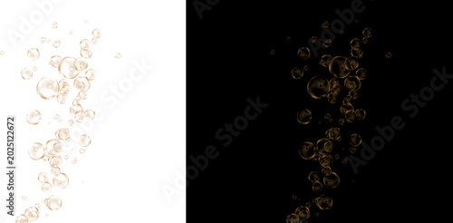 Принти на полотні Golden champagne bubbles on white and black background, elegant fizzy liquid dro