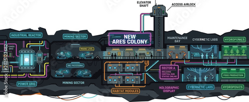 Quadro su tela Futuristic underground Mars colony vector illustration with cyberpunk habitat sy