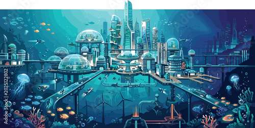 Foto Futuristic underwater city vector illustration with advanced ocean habitats mari