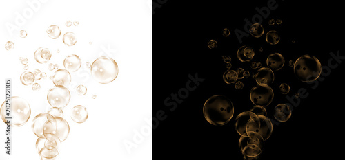 Foto Golden champagne bubbles rising, sparkling liquid effervescence on white and bla