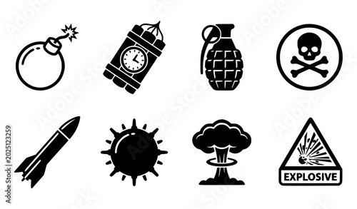 Photos Explosives and hazardous materials icon set black and white vector graphics