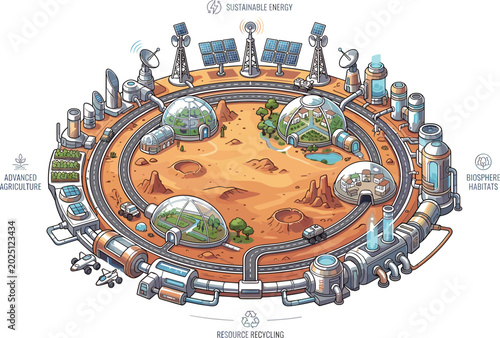 Bild auf Leinwand Mars survival habitat vector illustration with futuristic colony domes resource