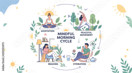 Foto Mindful morning cycle vector illustration with meditation movement reading hydra