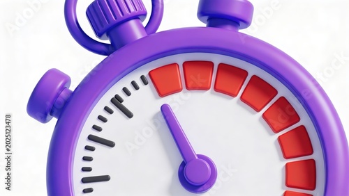 Close-up of a purple stopwatch with a red dial and black minute markers on a white background, representing time and speed.