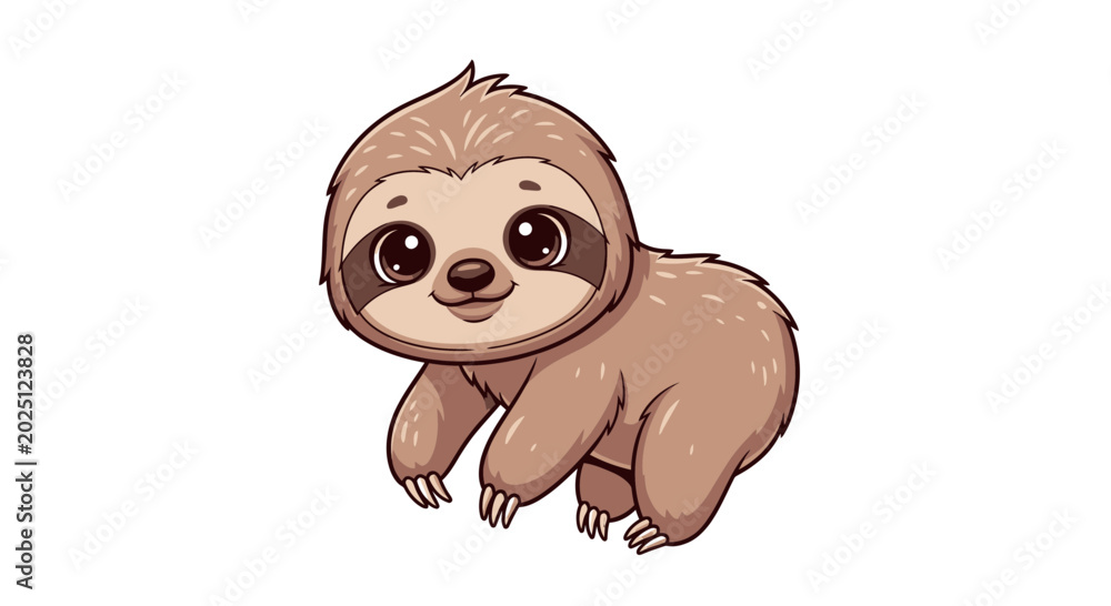 Fototapeta premium Cute cartoon sloth illustration with big eyes and a friendly smile, white background