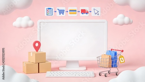 Online shopping process flow diagram above computer with shopping cart, packages and clouds on pink background, e-commerce concept
