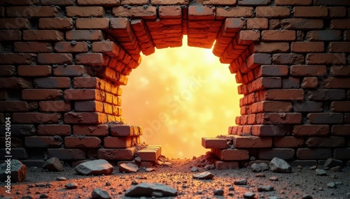 Brick wall crumbling apart as light shines through the broken space, breaking, stone