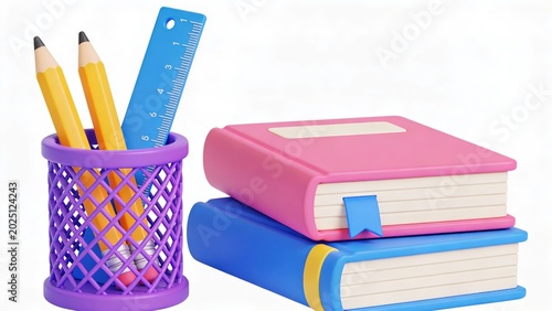 Rendering of a Pencil Holder with Pencils and Ruler next to Stacked Books, Back to School, Study Supplies