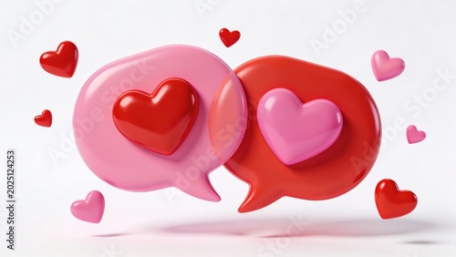 Two overlapping speech bubbles with hearts inside, red and pink, symbolizing communication, love, and romance on white background