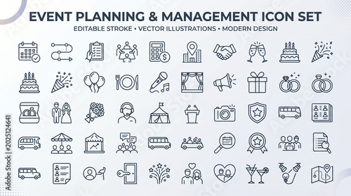 Event planning line editable icon set. Contain icons related to event organization  celebration  party  wedding  management  and more. Editable stroke. vector illustration