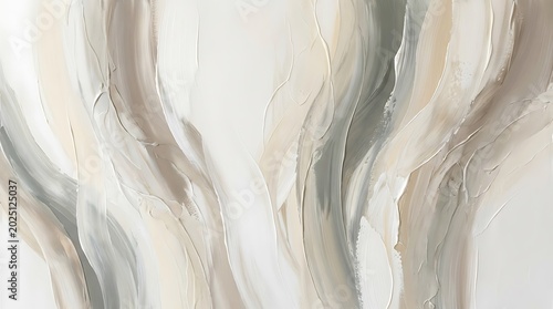 Abstract oil painting with soft flowing brush strokes in neutral earth tones and olive green colors