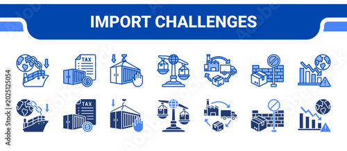 Cuadro en lienzo Import Challenges Icon Collection,  featuring Import Dependency, Import Tax, Import Restrict, Trade Deficit, Supply Chain, Trade Barrier, Economic Pressure